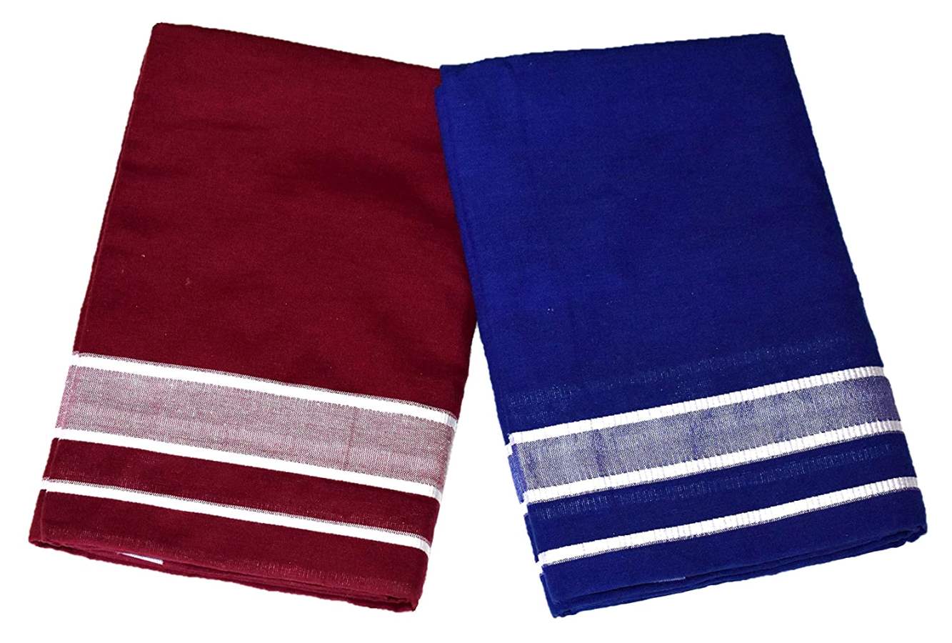 Trinity Fashions IXORA Kerala Premam Colour Dhotis Cotton(Blue and Maroon) - 1 No