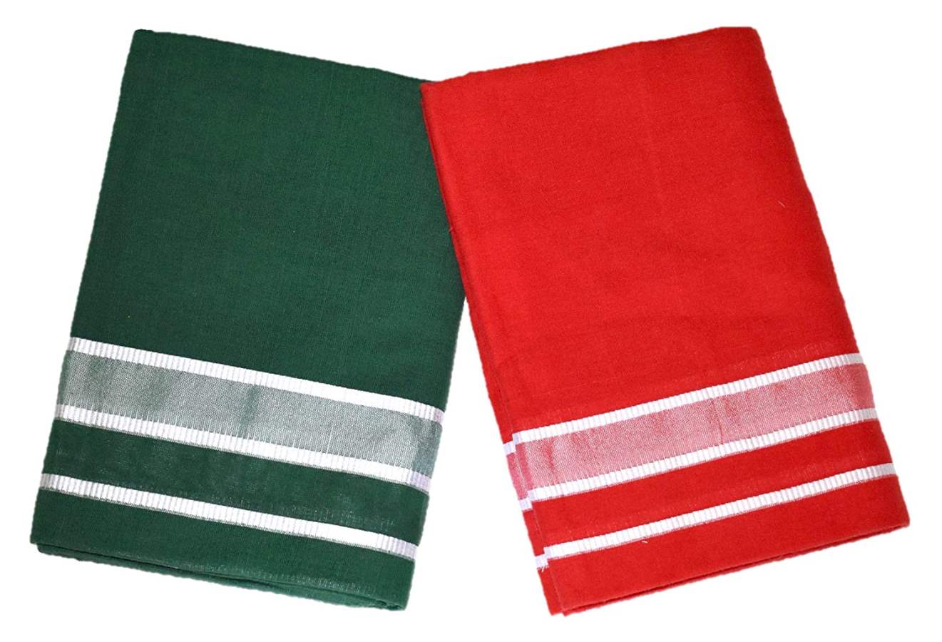 Trinity Fashions IXORA Kerala Premam Colour Dhotis Cotton (Dark Green and Red) - 1 No