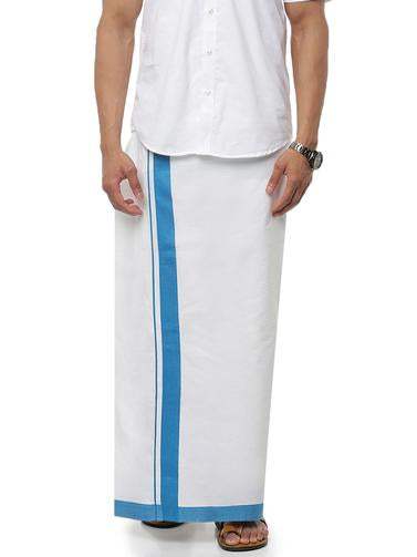 Ramraj Cotton Double Dhoti White with Fancy Border Panchami Special - Blue