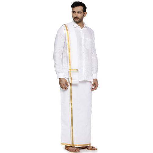 Ramraj Readymade Dhoti + Shirt Bit + Towel Set White with Gold Jari Utsava - 28-30
