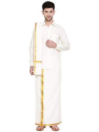 Ramraj Readymade Dhoti + Shirt Bit + Towel Set Cream with Gold Jari Vardhan - 28-30